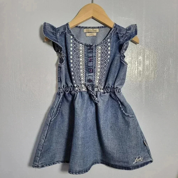 Lucky Brand 2T Blue White Embroidered Button Sleeveless Denim Summer Dress - Picture 1 of 13